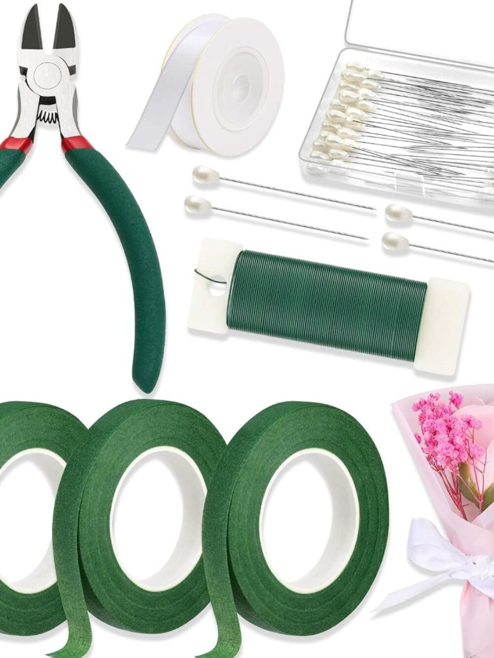 Floral Tape and Wire, Florist Tape and Flower Wire Arrangement Kit with White Ri